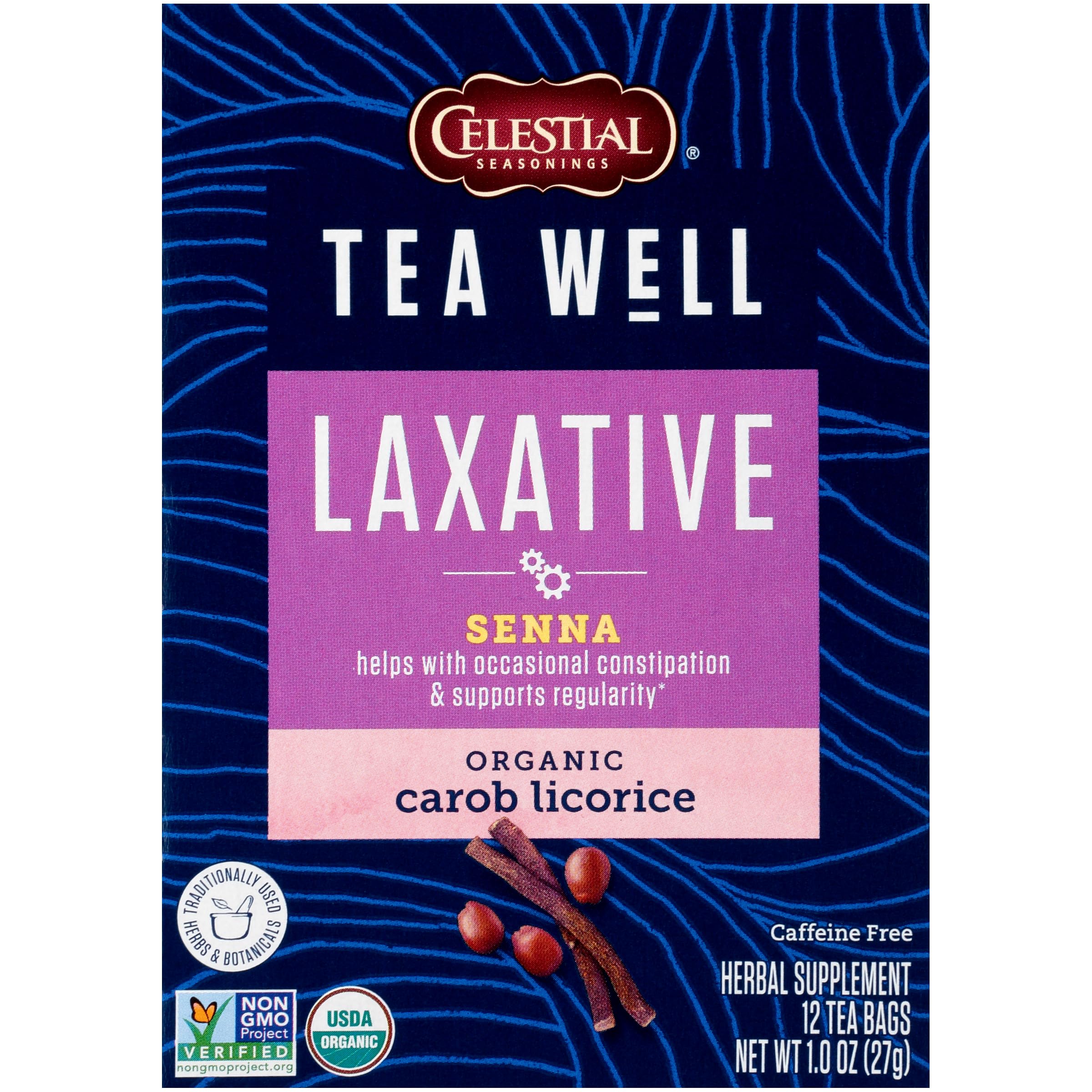 Celestial Seasonings TeaWell Organic Laxative box front highlighting digestive wellness concept.