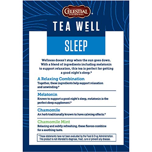 Celestial Seasonings TeaWell Sleep box beside a cup highlighting caffeine-free and gluten-free.