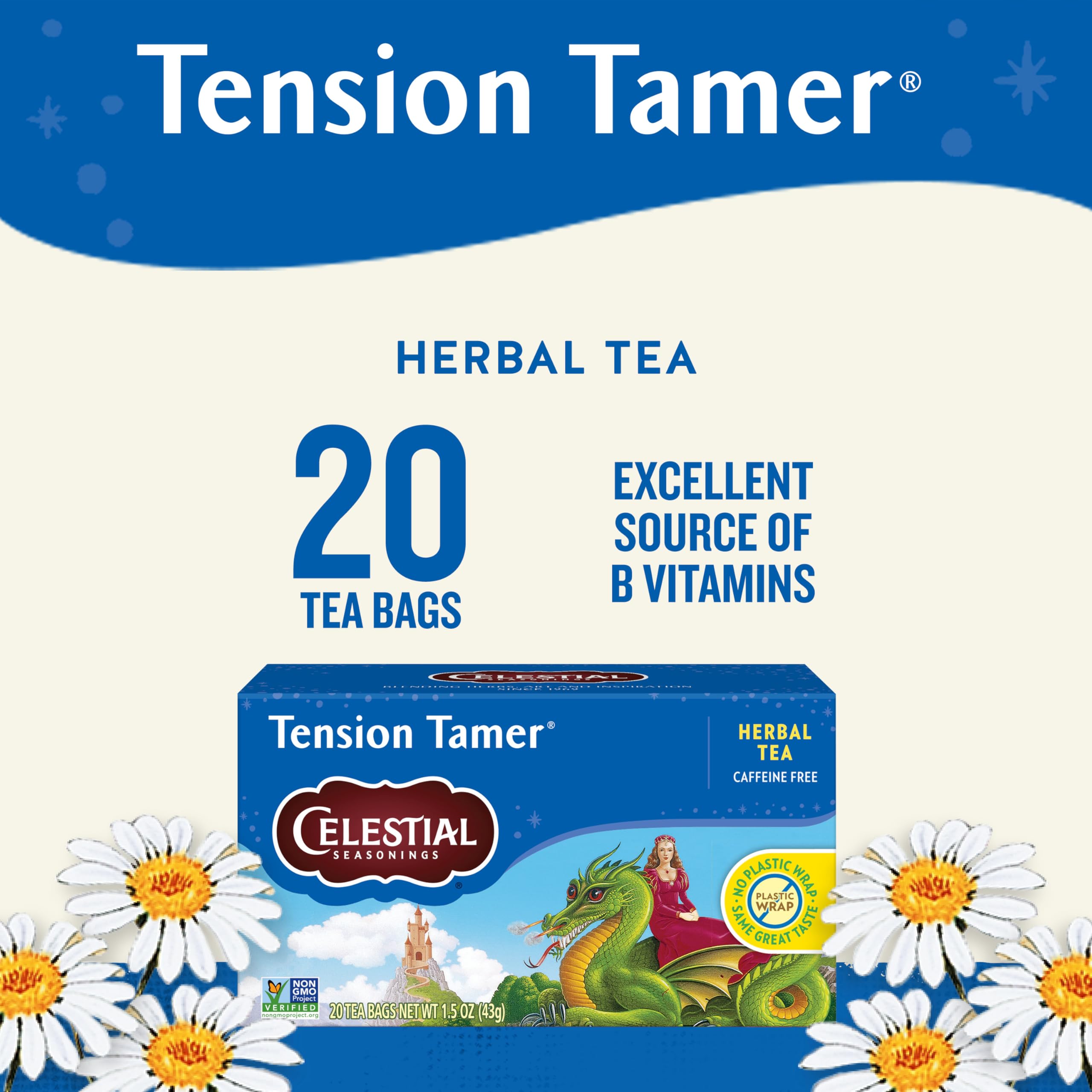 Celestial Seasonings Tension Tamer tea bags arranged in a 20-count package.
