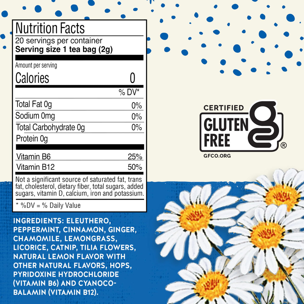 Celestial Seasonings Tension Tamer tea box back lists ingredients and sourcing.