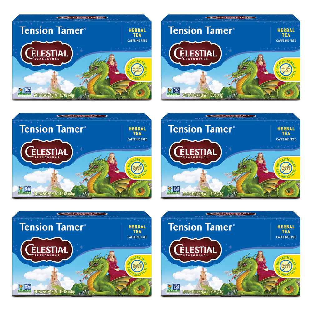 Celestial Seasonings Tension Tamer tea box front shows packaging for quick calm moments.