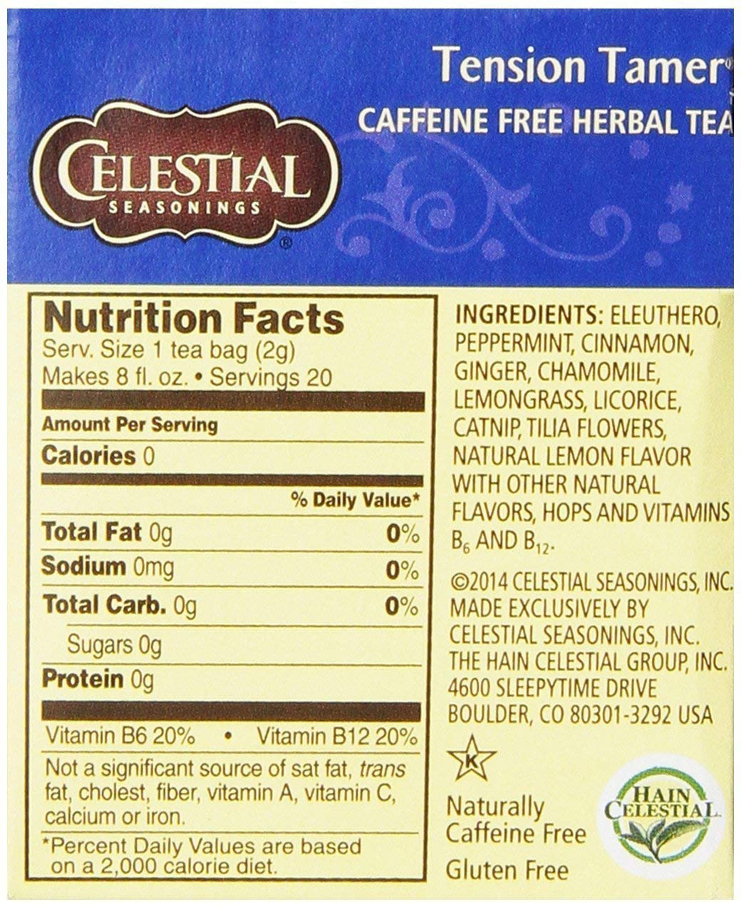 A warm cup of Celestial Seasonings Tension Tamer tea ready to enjoy, relaxing aroma