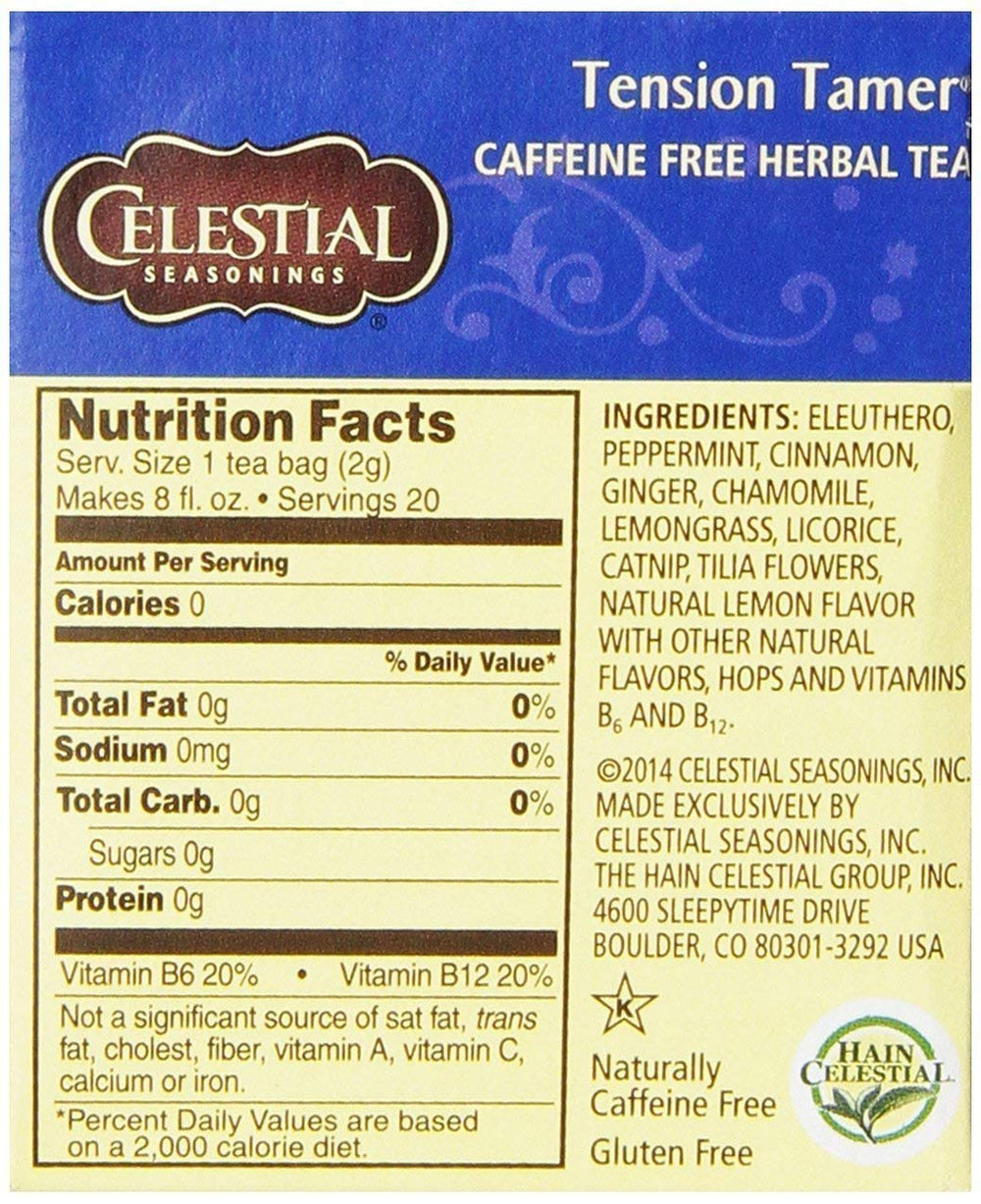A warm cup of Celestial Seasonings Tension Tamer tea ready to enjoy, relaxing aroma