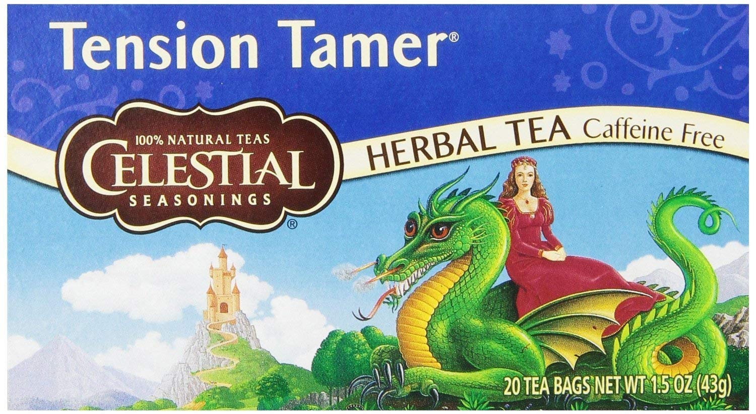Celestial Seasonings Tension Tamer tea packaging on display, caffeine-free relief