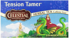 Celestial Seasonings Tension Tamer tea packaging on display, caffeine-free relief