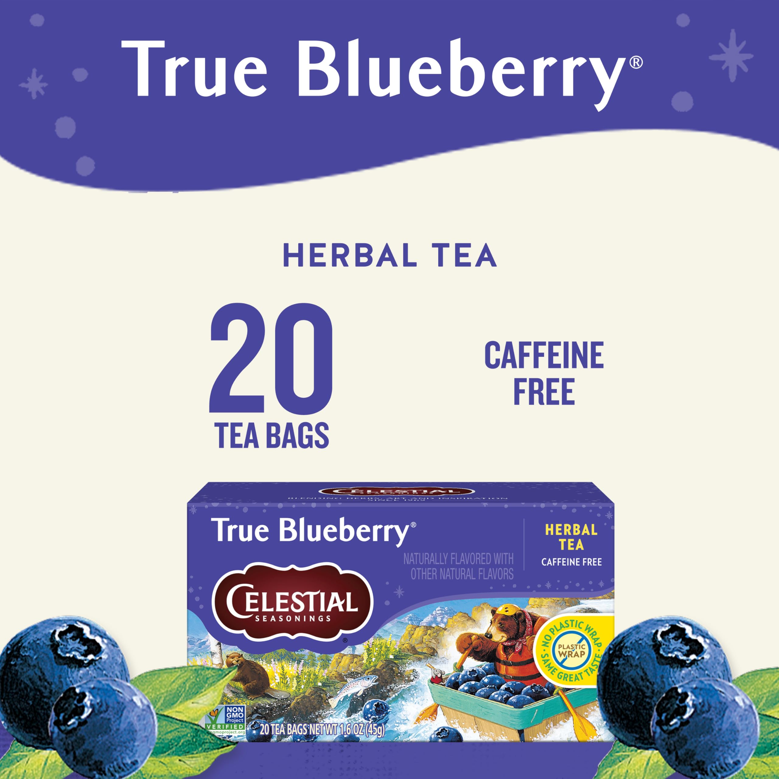 Celestial Seasonings True Blueberry tea bags on the box back highlighting sustainable packaging.