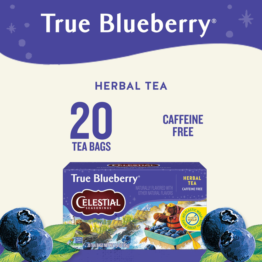 Celestial Seasonings True Blueberry tea bags on the box back highlighting sustainable packaging.