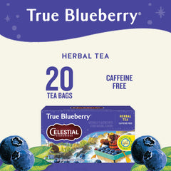 Celestial Seasonings True Blueberry tea bags on the box back highlighting sustainable packaging.