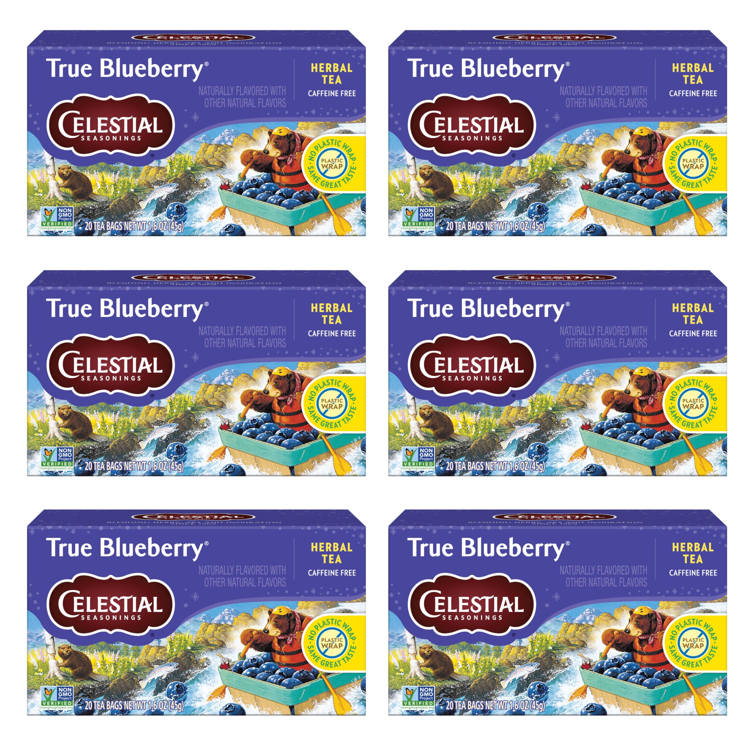 Celestial Seasonings True Blueberry tea bags on the box front showing a caffeine-free berry blend.