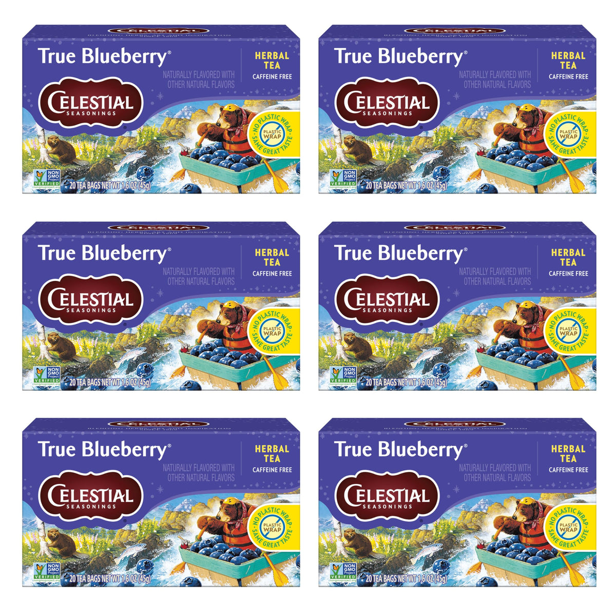 Celestial Seasonings True Blueberry tea bags on the box front showing a caffeine-free berry blend.