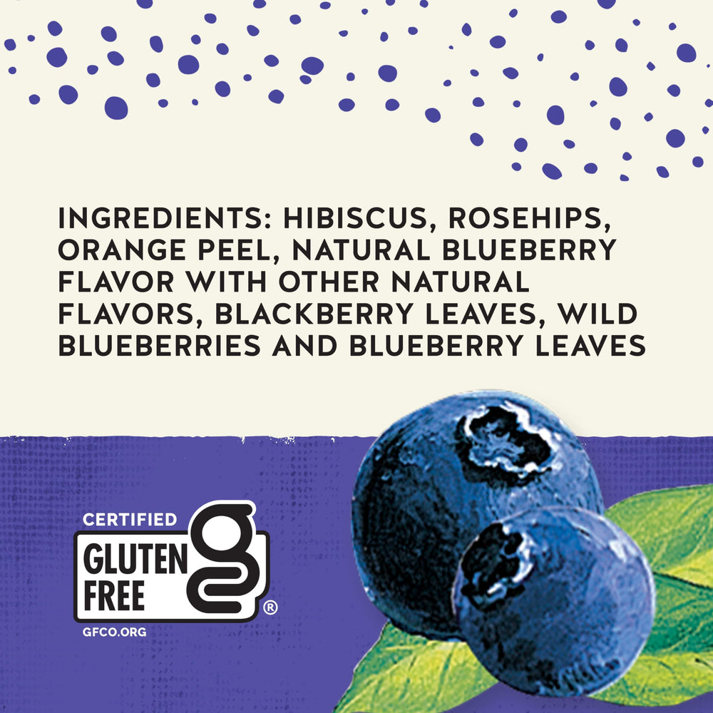 Packaging detail of Celestial Seasonings True Blueberry emphasizing natural ingredients.