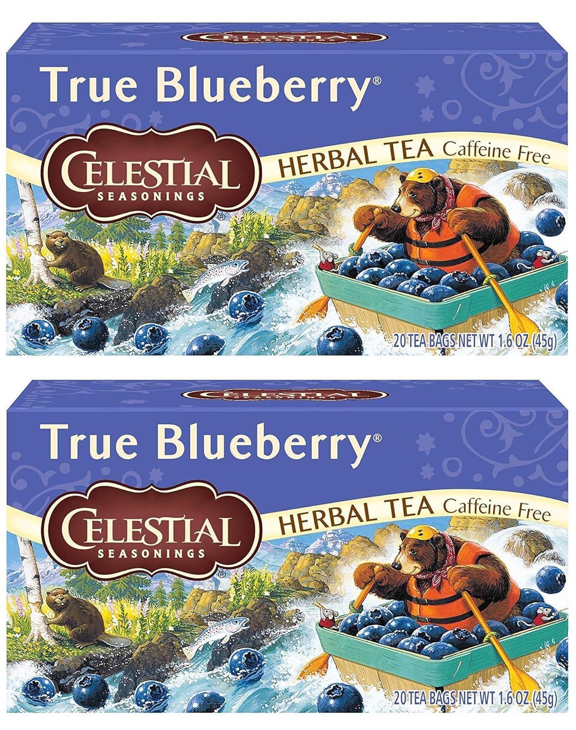 Celestial Seasonings True Blueberry tea box packaging highlights fruity flavor for gifting