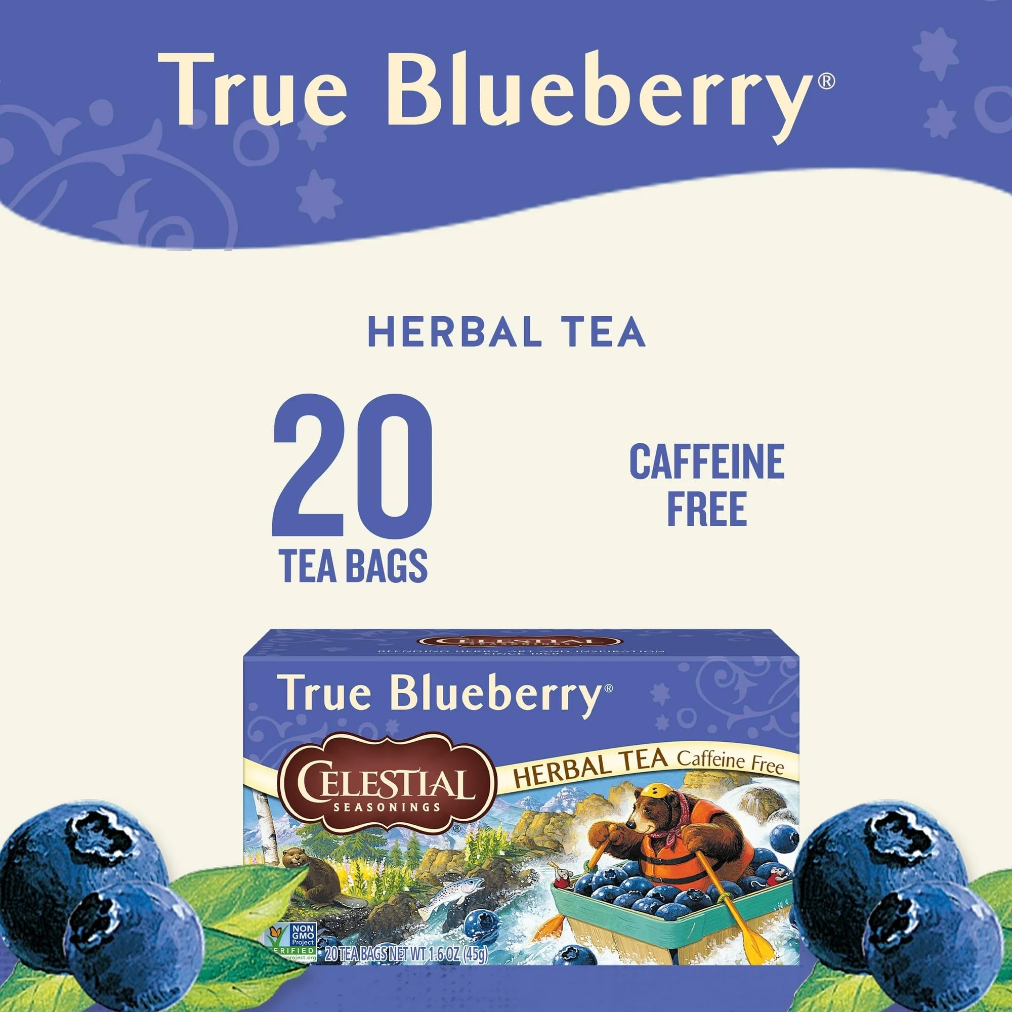 Celestial Seasonings True Blueberry tea gift-ready packaging on shelf