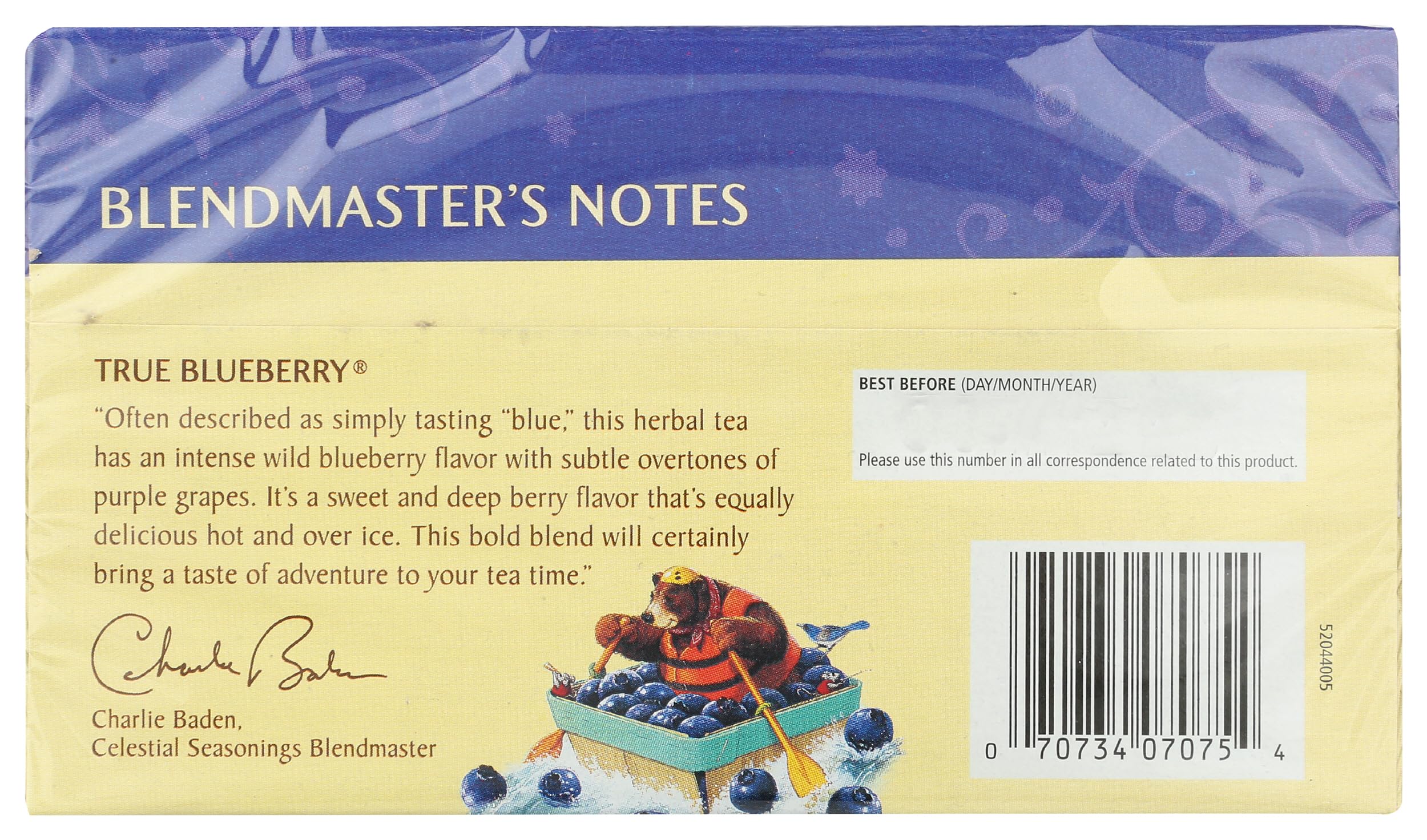 Celestial Seasonings True Blueberry Tea tea bag in cup, aromatic and convenient