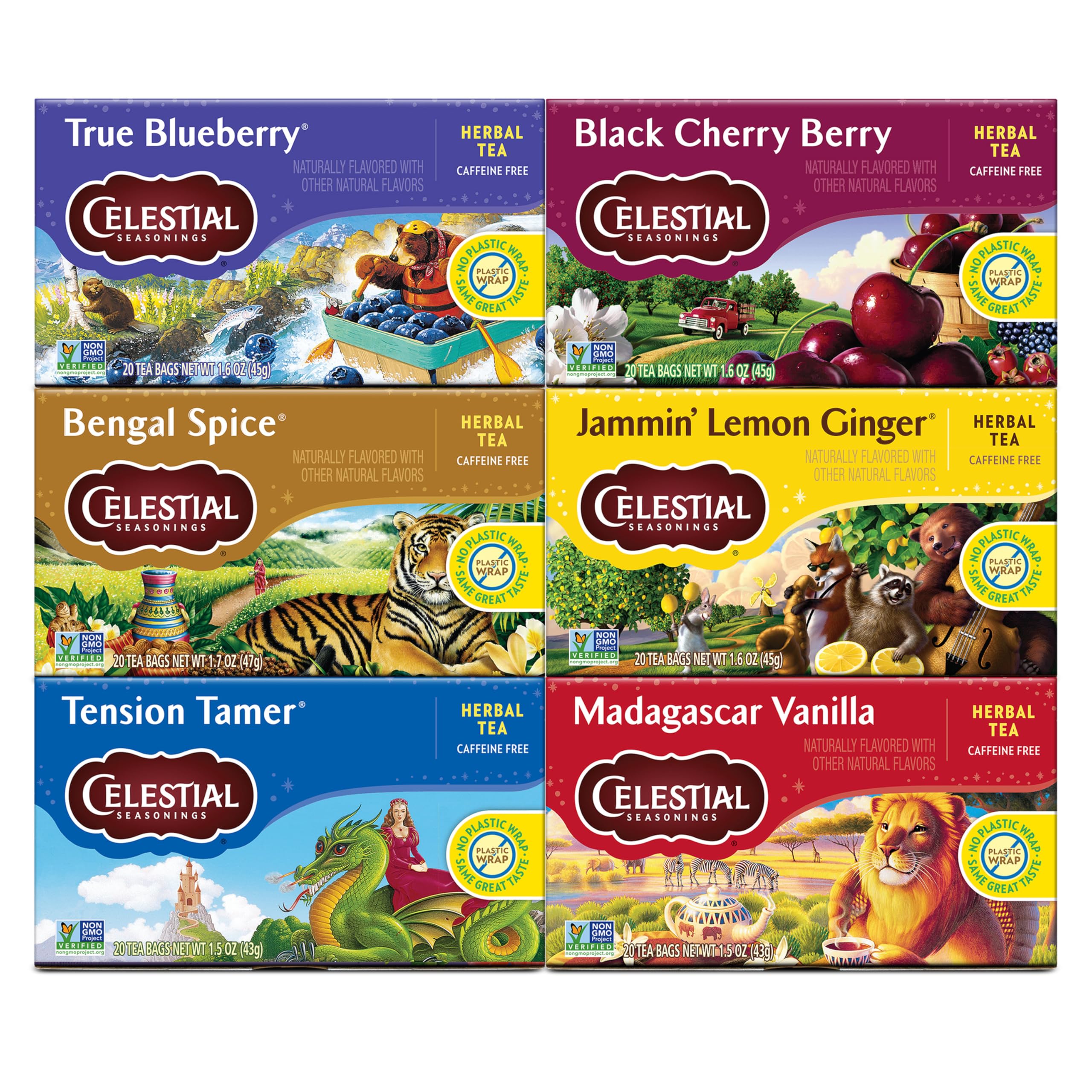 Celestial Seasonings variety-pack tea bags offering caffeine-free blends for relaxing moments