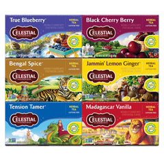 Celestial Seasonings variety-pack tea bags offering caffeine-free blends for relaxing moments