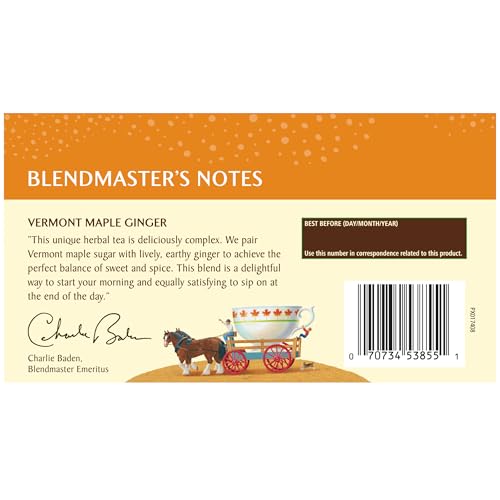 Celestial Seasonings Vermont Maple Ginger tea bag closeup; organic ginger and maple sweetness