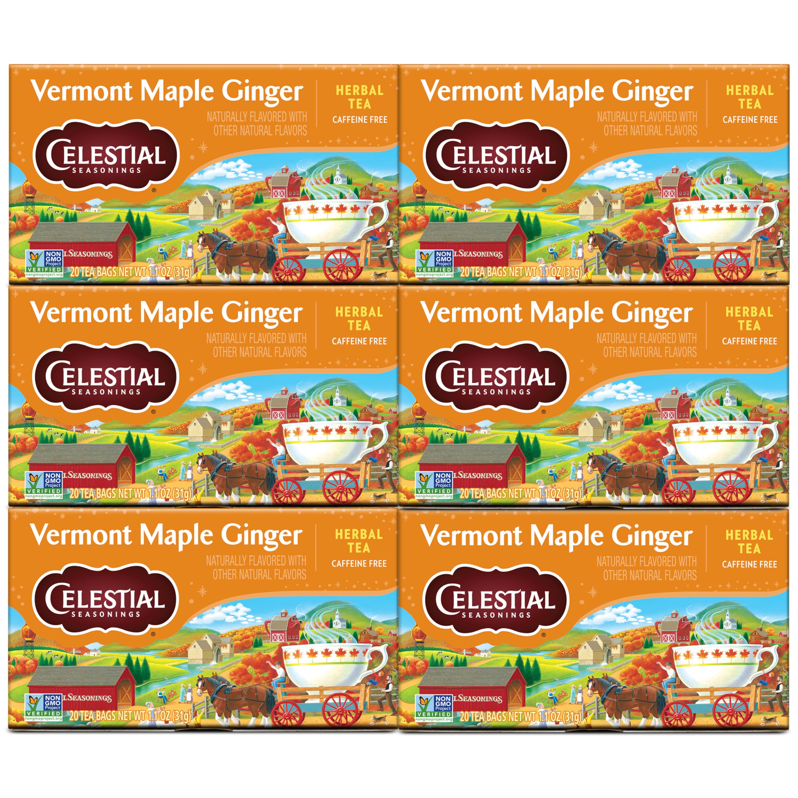Celestial Seasonings Vermont Maple Ginger tea box closeup; caffeine-free comfort for cozy evenings