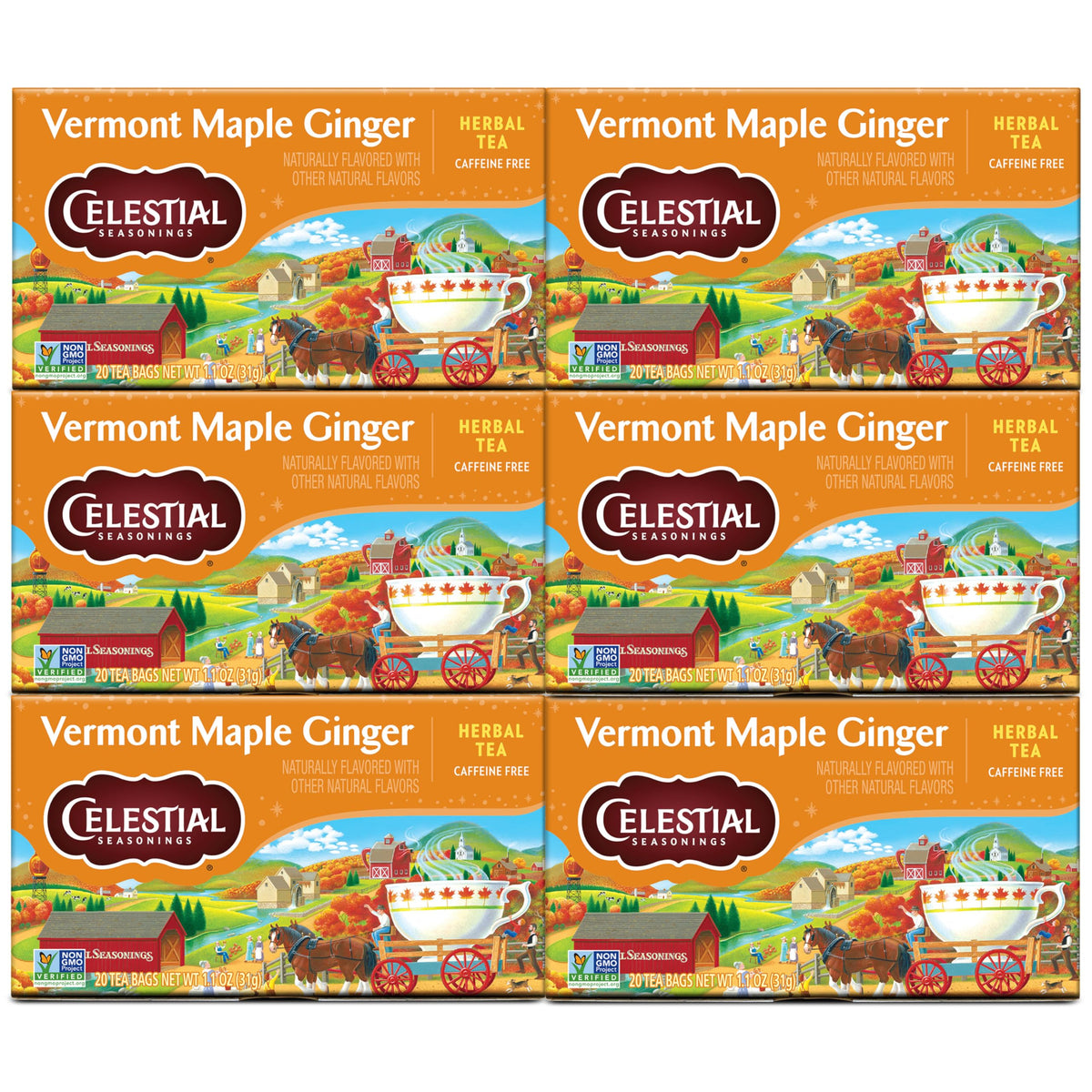 Celestial Seasonings Vermont Maple Ginger tea box closeup; caffeine-free comfort for cozy evenings