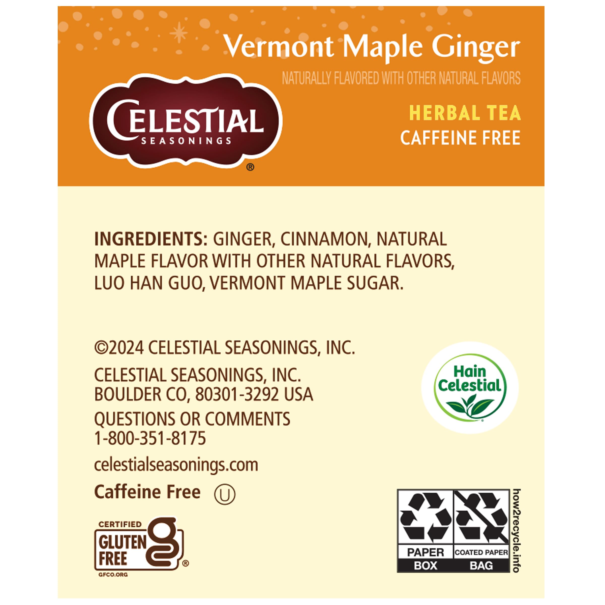 Celestial Seasonings Vermont Maple Ginger tea packaging boxes; eco-friendly packaging supports sustainability