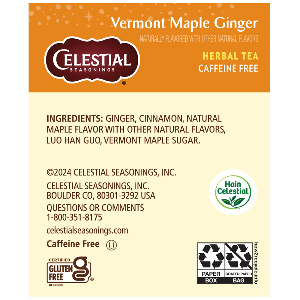 Celestial Seasonings Vermont Maple Ginger tea packaging boxes; eco-friendly packaging supports sustainability