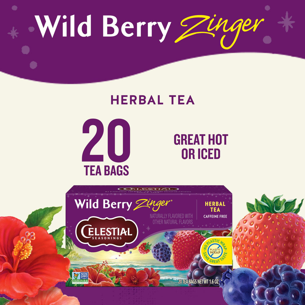 Celestial Seasonings Wild Berry Zinger tea bags box on the counter for convenient hot or iced brews