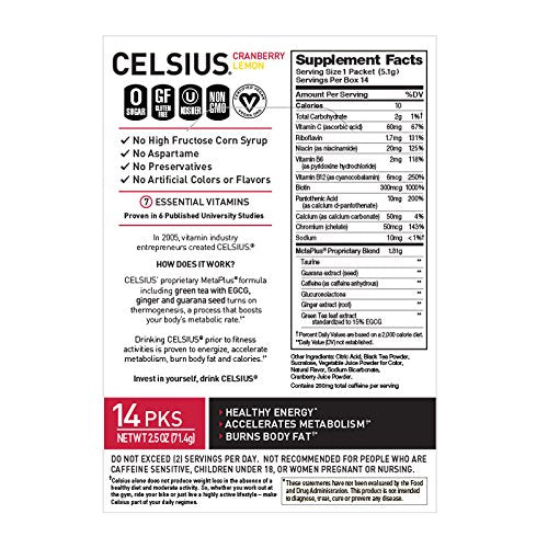 CELSIUS 200 mg caffeine label highlights energy support.