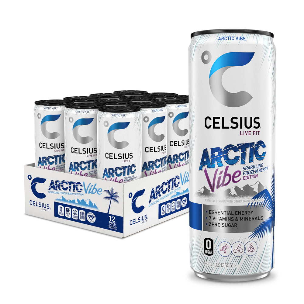 CELSIUS Arctic Vibe Frozen Berry can delivering a refreshing pre-workout energy boost