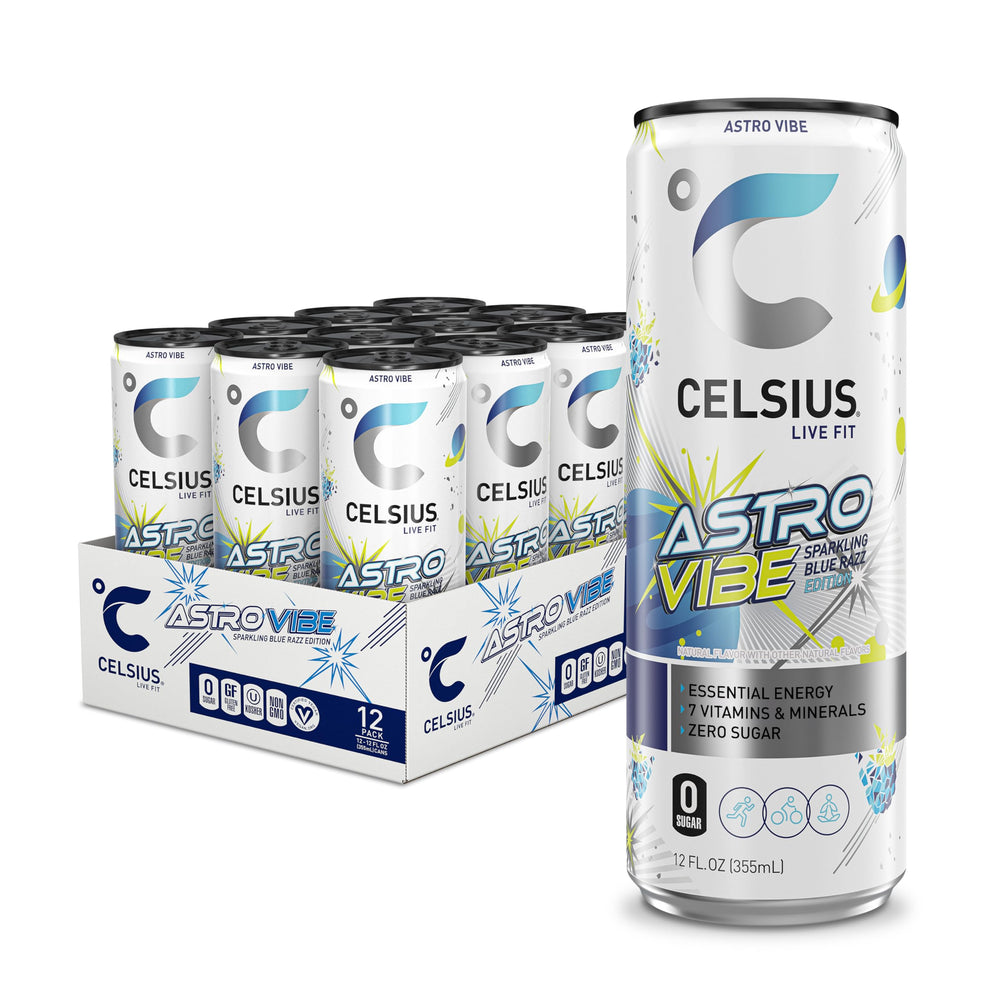 CELSIUS Astro Vibe Blue Razz can front view highlighting energy for workouts