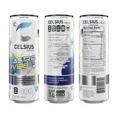 CELSIUS Astro Vibe Blue Razz can side view showing zero sugar and bold flavor