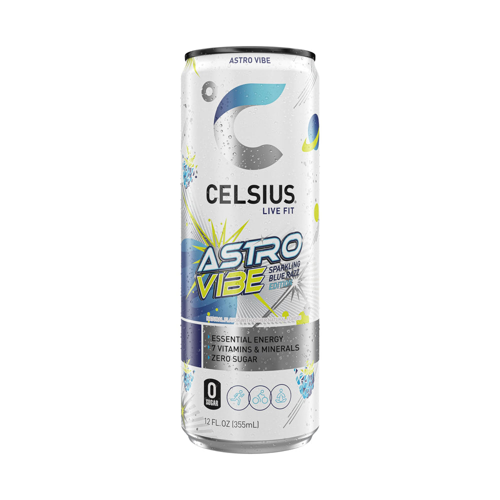 CELSIUS Astro Vibe Blue Razz can art reflects space-inspired energy vibe