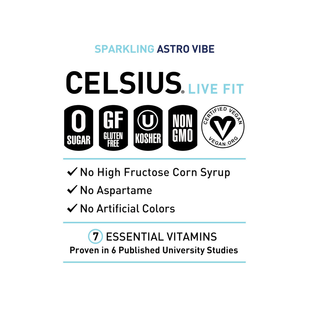 CELSIUS Astro Vibe Blue Razz label close-up featuring green tea EGCG and vitamins