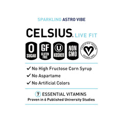 CELSIUS Astro Vibe Blue Razz label close-up featuring green tea EGCG and vitamins