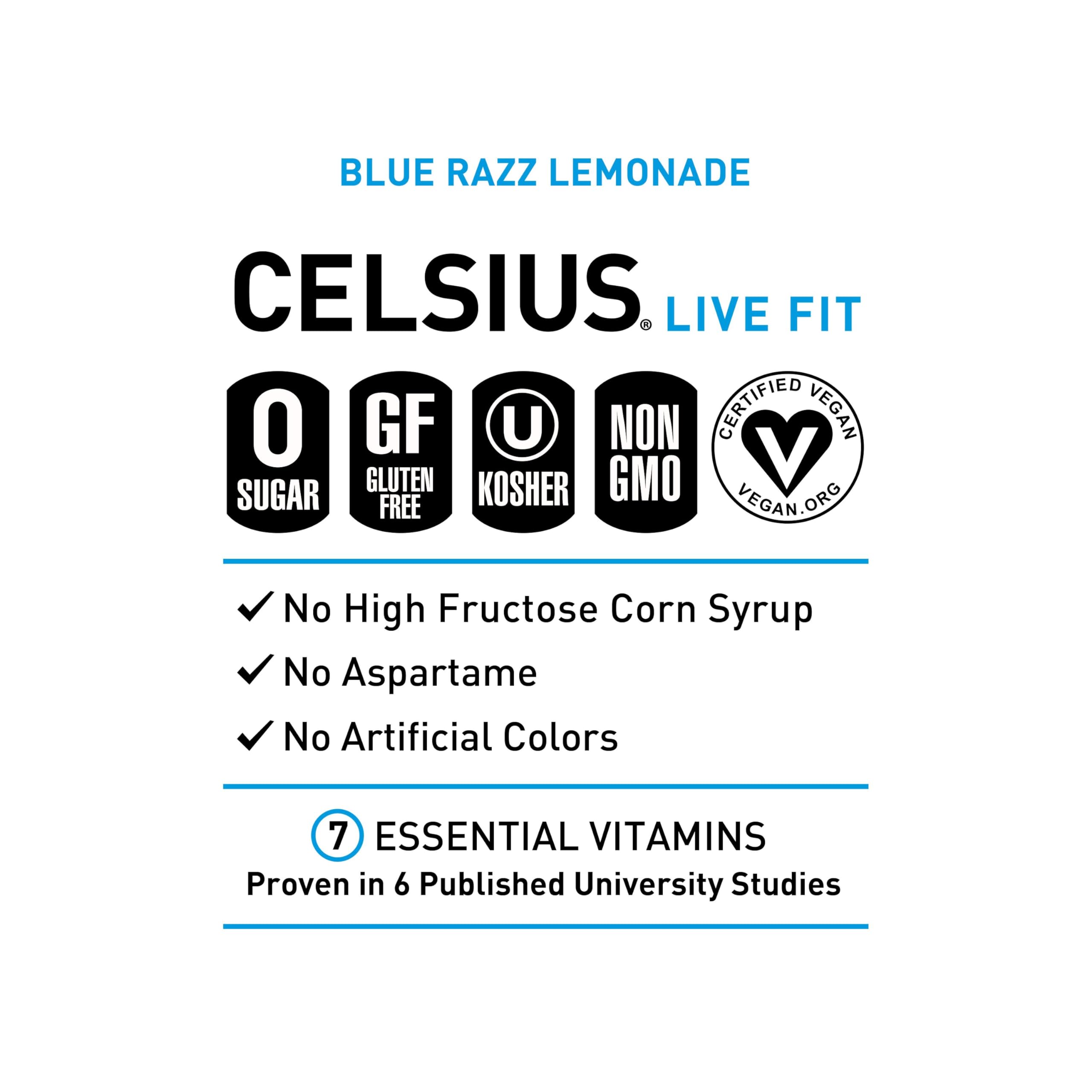 CELSIUS beverage label close-up emphasizing vegan non-GMO ingredients