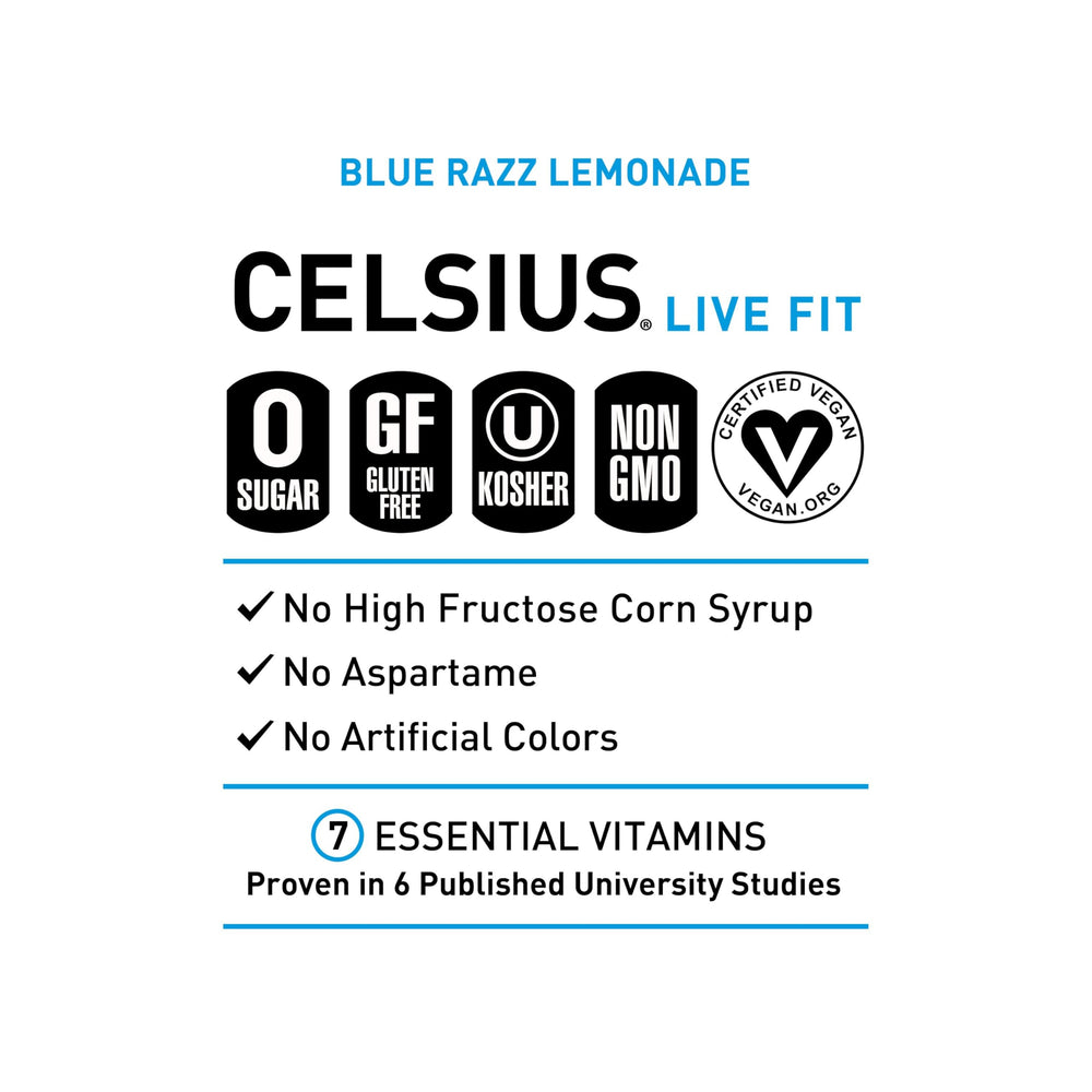 CELSIUS beverage label close-up emphasizing vegan non-GMO ingredients
