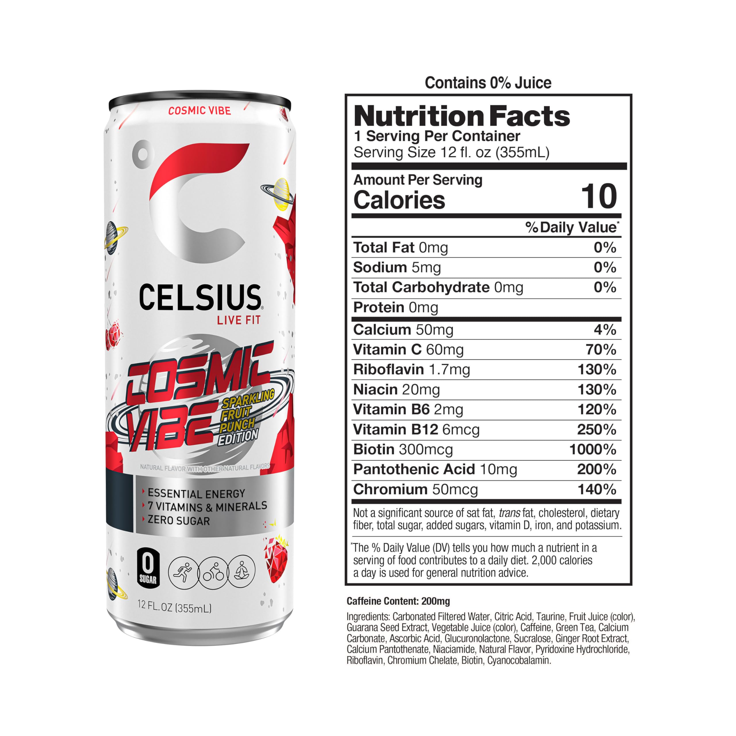 Celsius Cosmic Vibe bottle closeup showcasing ingredients and vibrant design