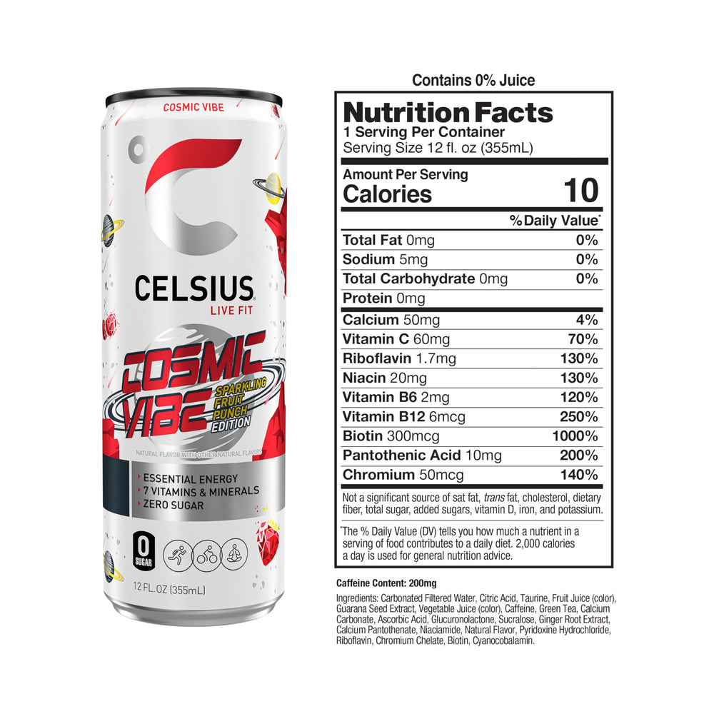 Celsius Cosmic Vibe bottle closeup showcasing ingredients and vibrant design