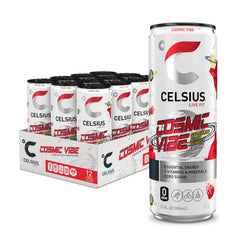Celsius Cosmic Vibe can side view highlighting sparkling fruit flavor and energy boost