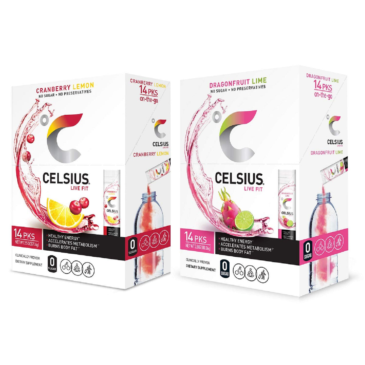 CELSIUS Dragonfruit Lime box shows ready-to-mix sticks for on-the-go energy.
