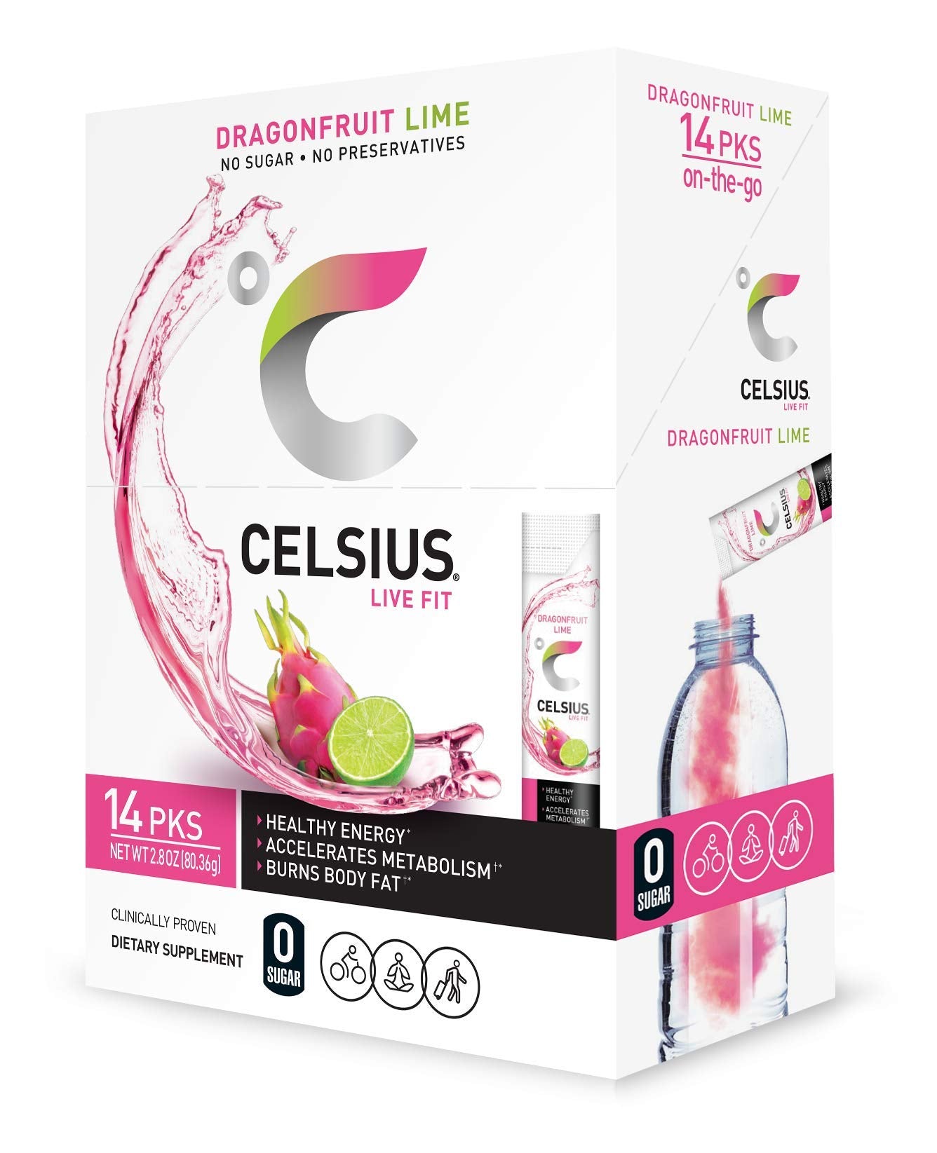 CELSIUS Dragonfruit Lime stick dissolving in water for pre-workout refreshment.