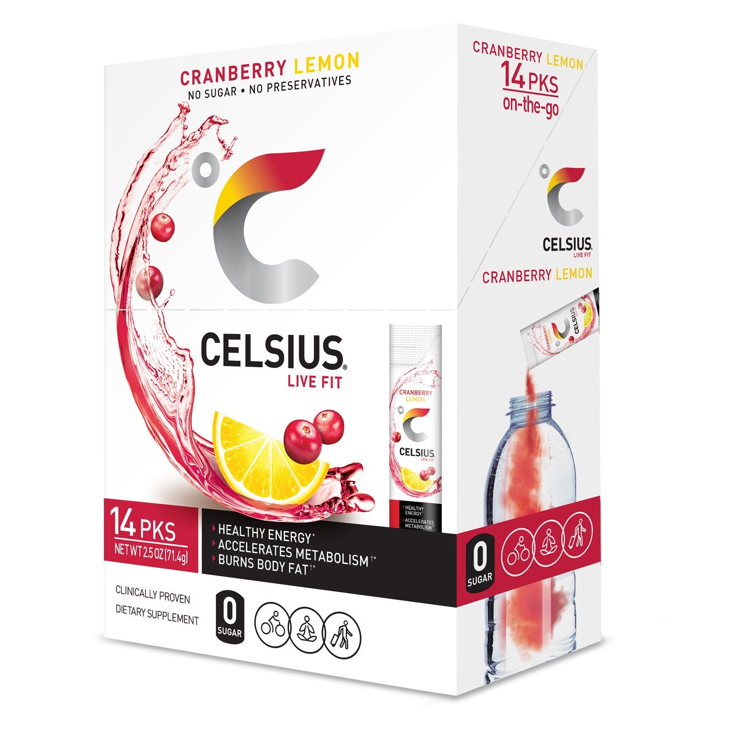 CELSIUS Dragonfruit Lime stick packet opened and ready to mix with water.