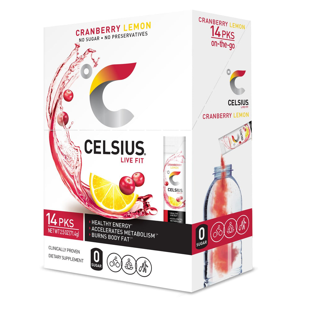 CELSIUS Dragonfruit Lime stick packet opened and ready to mix with water.