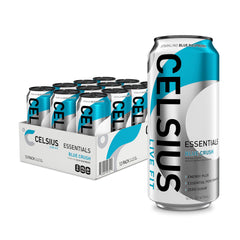 Celsius Essentials Sparkling Blue Crush can front view, caffeine-powered energy for workouts.
