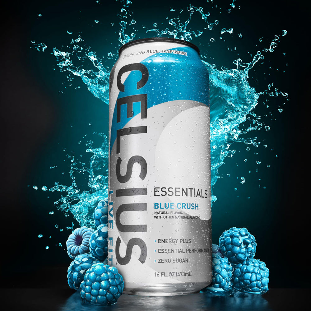 Pouring Celsius Essentials Sparkling Blue Crush reveals crisp berry flavor.