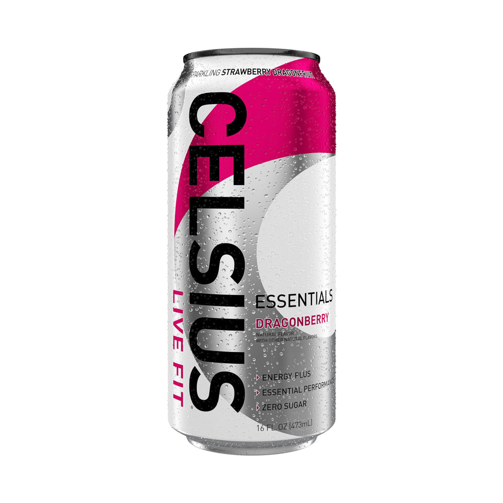 CELSIUS ESSENTIALS Sparkling Dragonberry case-pack on a store shelf appealing to fitness enthusiasts.