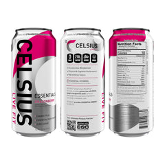CELSIUS ESSENTIALS Sparkling Dragonberry label close-up highlighting MetaPlus and essential aminos.