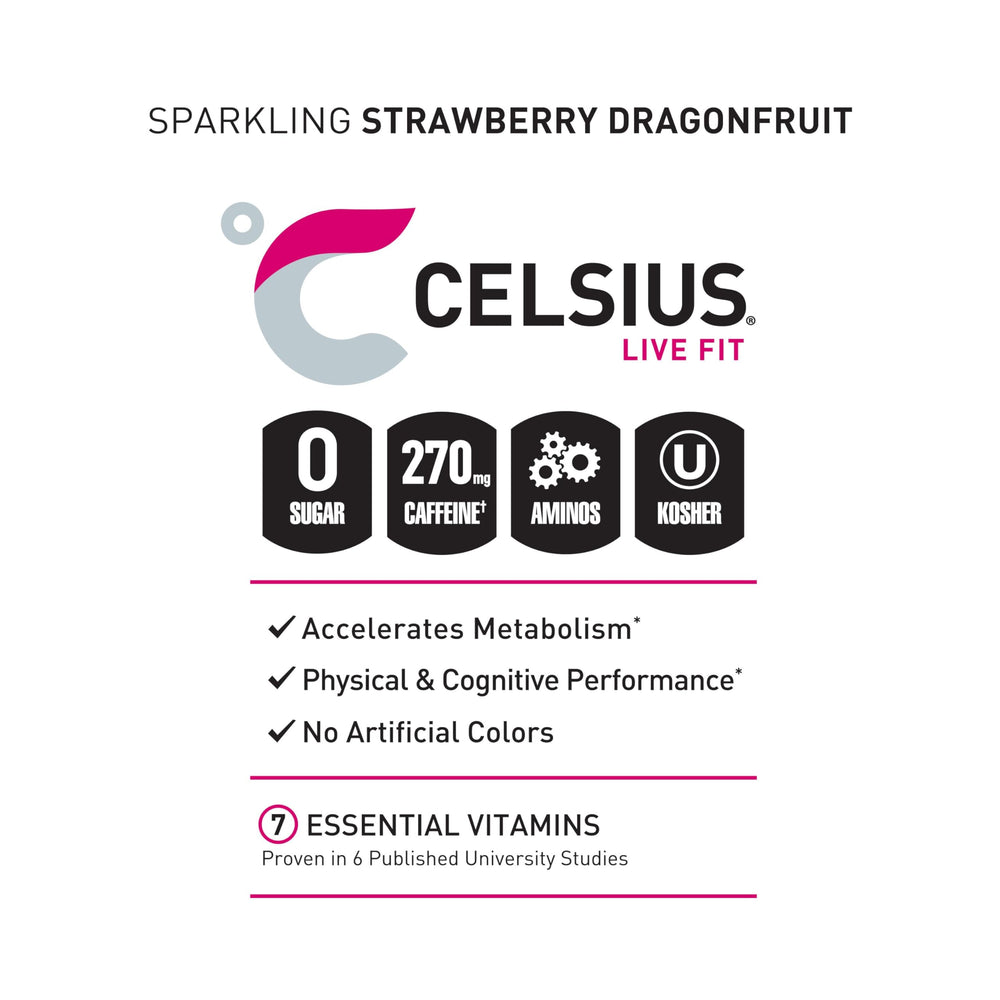 CELSIUS ESSENTIALS Sparkling Dragonberry no-sugar label emphasizing a sugar-free energy option.
