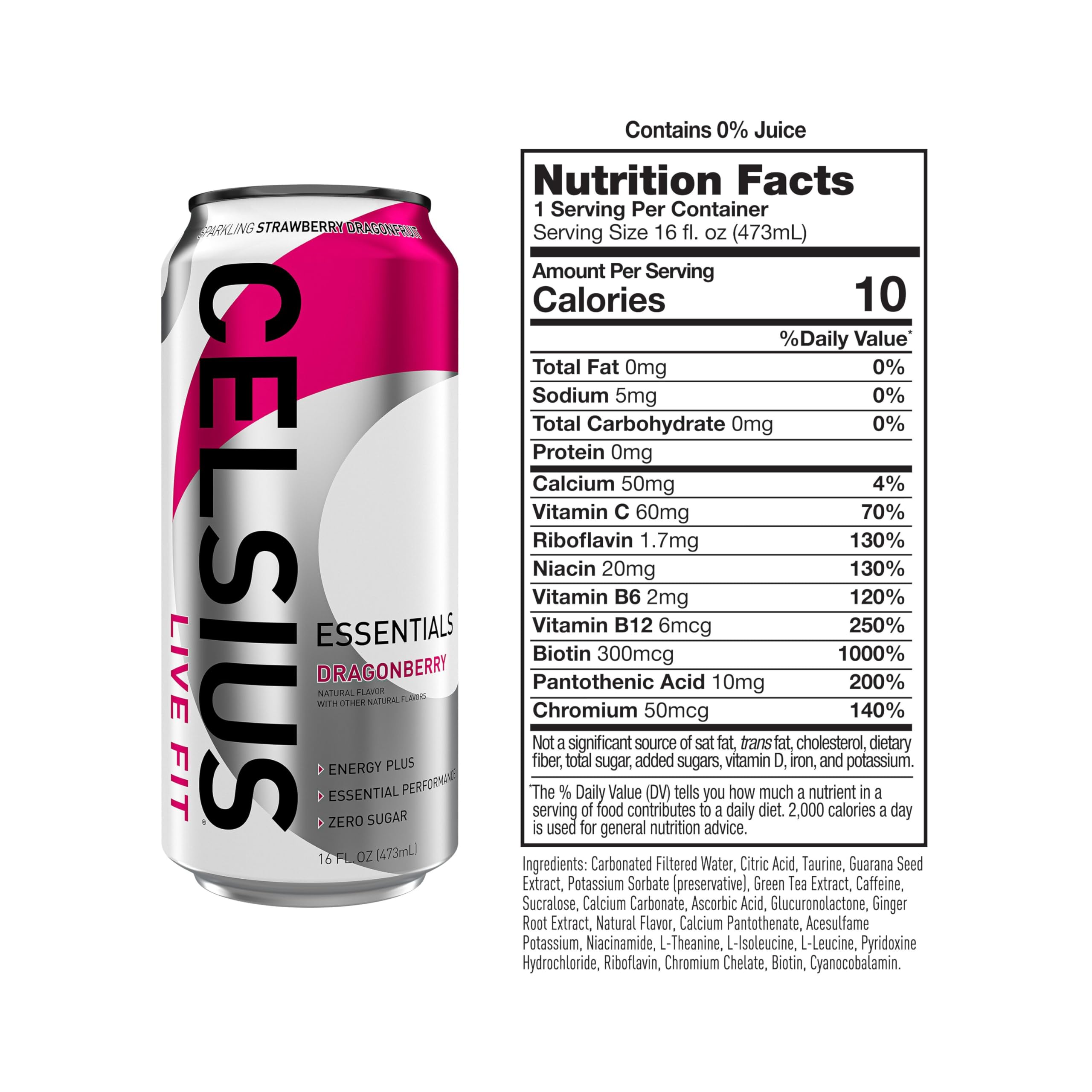 CELSIUS ESSENTIALS Sparkling Dragonberry being poured into a glass for on-the-go boost.