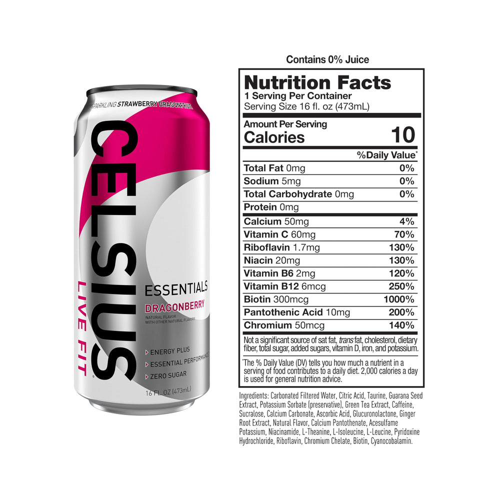 CELSIUS ESSENTIALS Sparkling Dragonberry being poured into a glass for on-the-go boost.