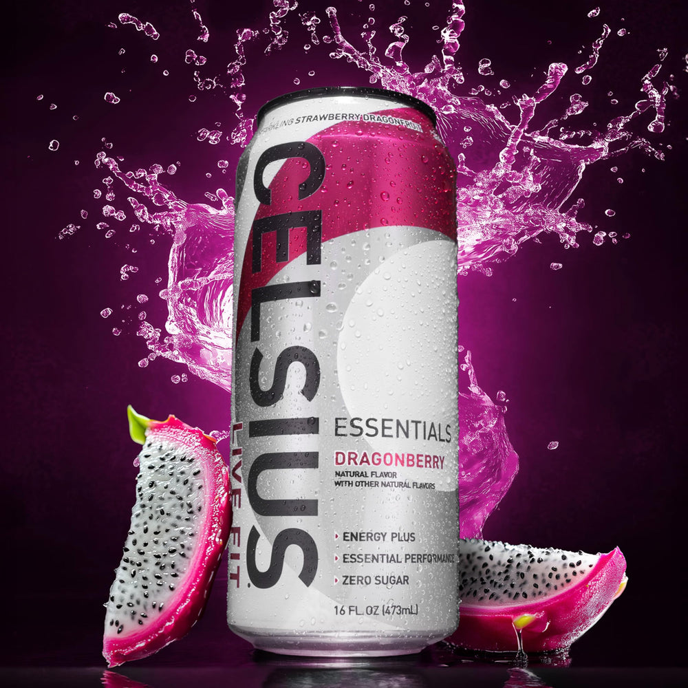 CELSIUS ESSENTIALS Sparkling Dragonberry during a workout for a refreshing mental focus boost.